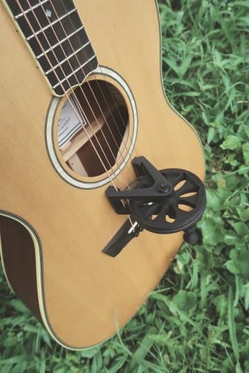 Close view of the Cloverwheel clamped over the strings